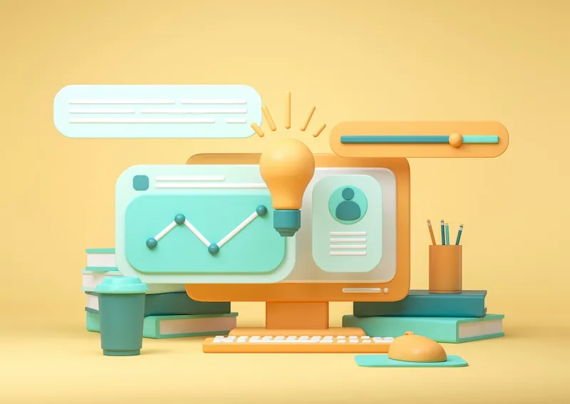 A computer workspace with a light bulb